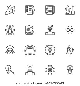 Conjunto de iconos de línea de productividad y eficiencia, colección de símbolos de Vector de contorno, paquete de pictogramas de estilo lineal. Señales, ilustración del logotipo. El conjunto incluye iconos como motivación, liderazgo, trabajo en equipo, medalla de premio