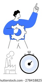 Productivity, efficiency, manufacturing, workflow management, time optimization, industrial processes. Person holding a gear, stopwatch and factory elements. Productivity and efficiency concept
