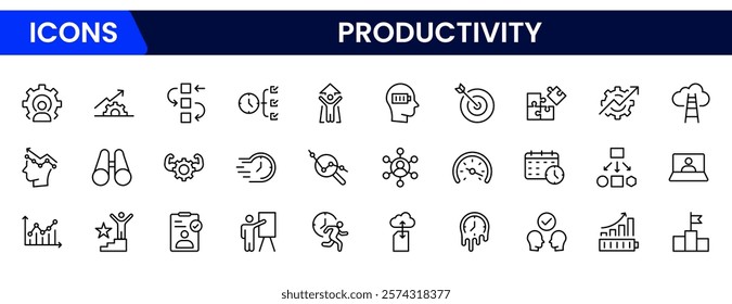 Productivity and efficiency. Outline icon collection. Linear business and leader symbols. Vector illustration.
