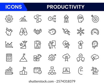 Productivity and efficiency. Outline icon collection. Linear business and leader symbols. Vector illustration.