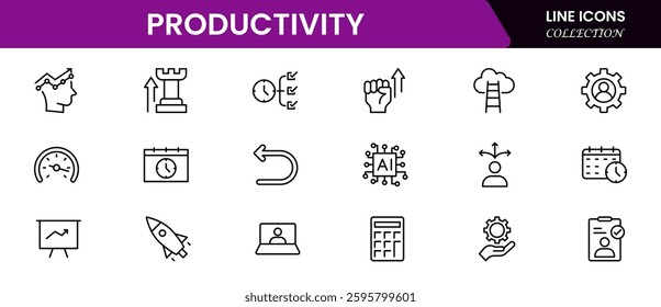 Productivity and efficiency. Outline icon collection. Linear business and leader symbols. Vector illustration.