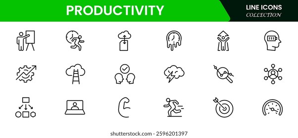 Productivity and efficiency. Outline icon collection. Linear business and leader symbols. Vector illustration.
