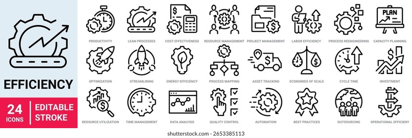 Productivity and efficiency. Outline icon collection. Linear business and leader symbols. Editable stroke. Vector illustration. 