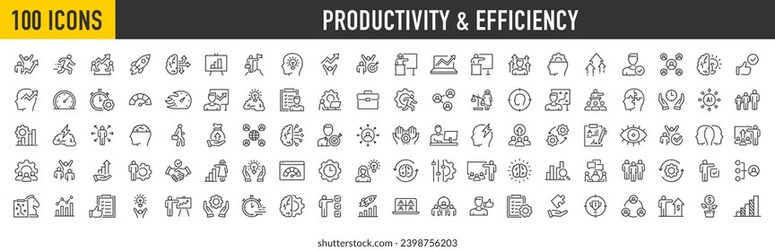 Iconos web de productividad y eficiencia en estilo de línea. Rendimiento, planificación del negocio, éxito, objetivo, proceso, recopilación. Ilustración vectorial.