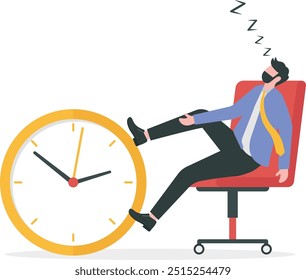 Productivity and efficiency in work, procrastination or time management or project deadline, best performance employee concept, smart relax businessman sitting on alarm clock launching paper airplane.