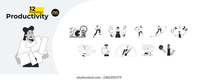 Productivity employees black and white 2D illustration concepts bundle. Productive people cartoon outline characters isolated on white. Performance high metaphor monochrome vector art collection