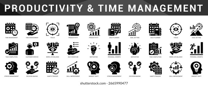 Productivity enhancing icons for time tracking, deep focus, planning, goal setting, and balanced work routines.