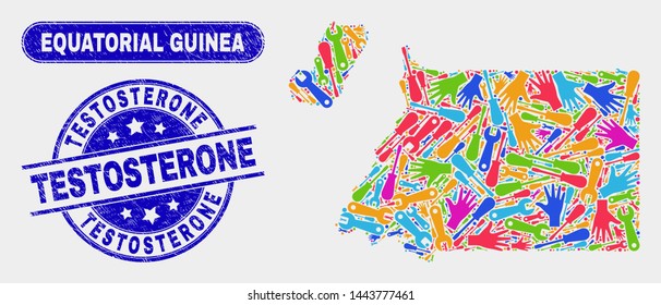 Productivity Equatorial Guinea map and blue Testosterone textured seal. Colorful vector Equatorial Guinea map mosaic of equipment parts. Blue rounded Testosterone seal.