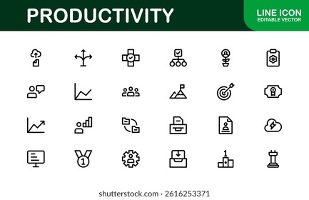 Productivity Essentials Icon Set. Clean, Professional, and User-Friendly Graphics for Work, Office, and Digital Planning Projects