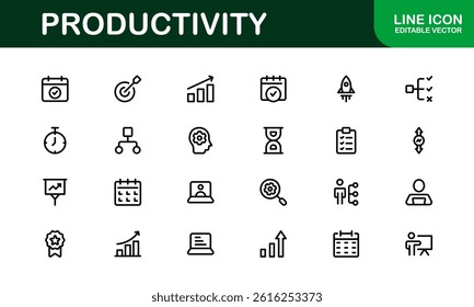 Productivity Essentials Icon Set. Clean, Professional, and User-Friendly Graphics for Work, Office, and Digital Planning Projects