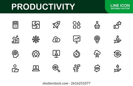 Productivity Essentials Icon Set. Clean, Professional, and User-Friendly Graphics for Work, Office, and Digital Planning Projects