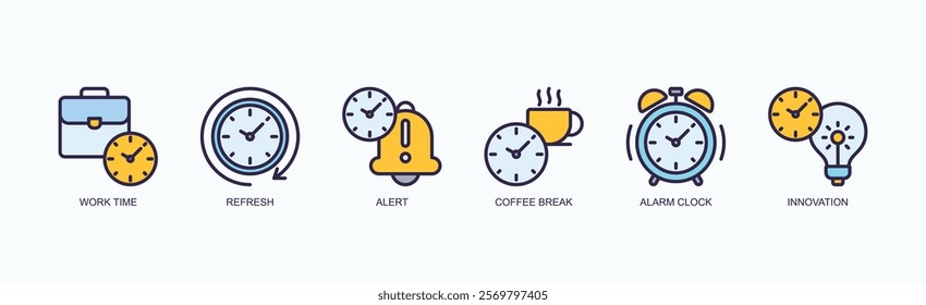 Productivity Essentials Icon Set Icon Set Isolated Vector Illustration Concept With Icon Of Work Time, Refresh, Alert, Coffee Break, Alarm Clock, Innovation In Outline Color Style