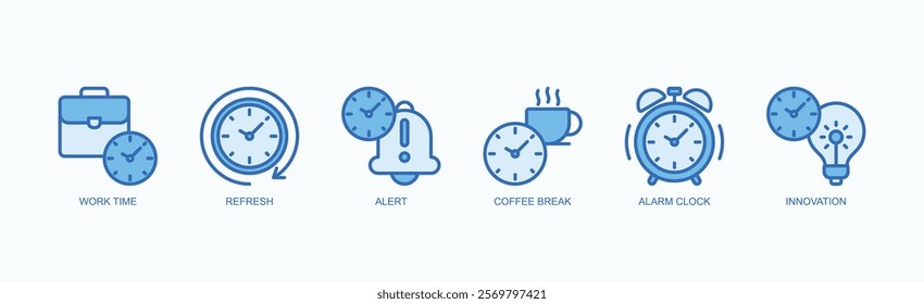 Productivity Essentials Icon Set Icon Set Isolated Vector Illustration Concept With Icon Of Work Time, Refresh, Alert, Coffee Break, Alarm Clock, Innovation In Blue Style