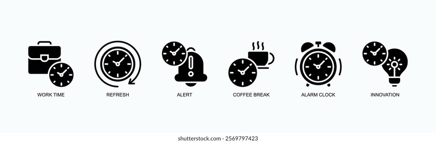 Productivity Essentials Icon Set Icon Set Isolated Vector Illustration Concept With Icon Of Work Time, Refresh, Alert, Coffee Break, Alarm Clock, Innovation In Glyph Style