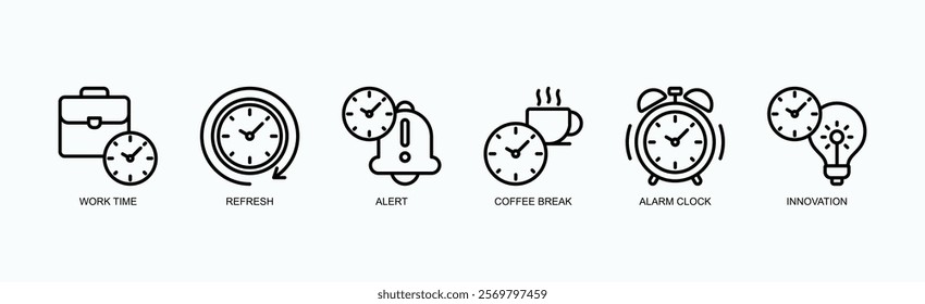 Productivity Essentials Icon Set Icon Set Isolated Vector Illustration Concept With Icon Of Work Time, Refresh, Alert, Coffee Break, Alarm Clock, Innovation In Outline Style