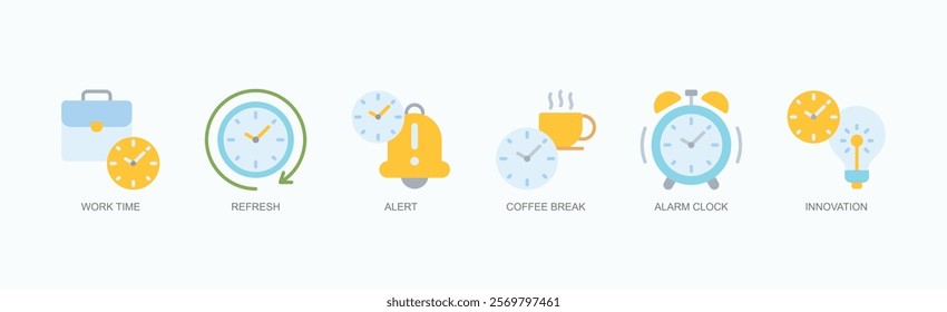 Productivity Essentials Icon Set Icon Set Isolated Vector Illustration Concept With Icon Of Work Time, Refresh, Alert, Coffee Break, Alarm Clock, Innovation In Flat Style