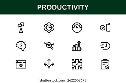 Productivity Essentials Icon Set. Premium, Editable Clean, Professional, and User-Friendly Graphics for Work, Office, and Digital Planning Projects. Productivity line icons.