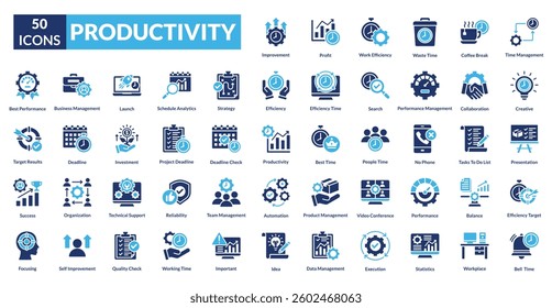 Productivity fill icon collection set. includes strategy, goal, time management, to do list, project, performance, process, profit