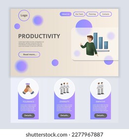 Productivity flat landing page website template. Tolerance, diversity, empathy. Web banner with header, content and footer. Vector illustration.