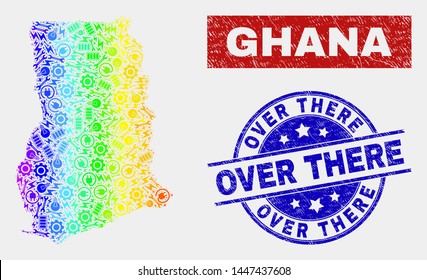 Productivity Ghana map and blue Over There scratched seal stamp. Spectrum gradient vector Ghana map mosaic of equipment units. Blue rounded Over There stamp.