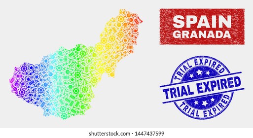 Productivity Granada Province map and blue Trial Expired scratched seal. Spectrum gradient vector Granada Province map mosaic of productivity components. Blue round Trial Expired seal.