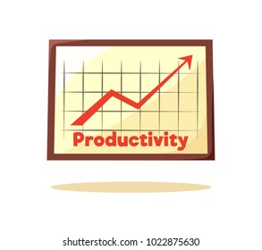 Productivity graphic card vector illustration of schedule with big red rising up arrow, squared field, text sample, brown frame isolated on white