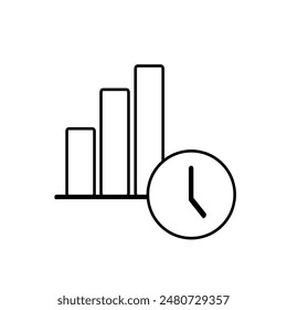 Icono de productividad con gráfico de barras y reloj aislado sobre fondo blanco.