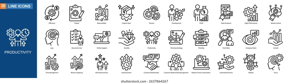 Productivity icon collection line style, Efficiency, Project, Measurability, Process, Development, Profit, Sales Productivity, Hight Performance, Vector illustration
