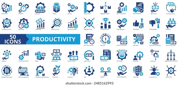 Productivity icon collection set. Containing time management, work plan, engineering, efficiency, production, goods, services icon. Simple flat vector illustration.