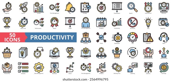 Productivity icon collection set. Containing organize, launch, growth, time management, bell, strategy, target icon. Simple flat outline vector illustration