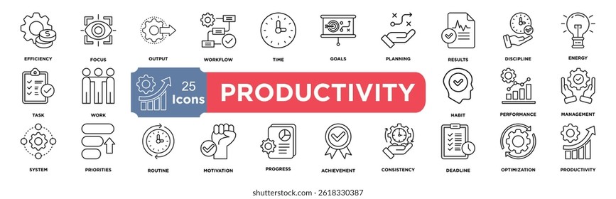 productivity icon collection set. Containing efficiency,focus,output,workflow,time,goals,planning,results,discipline,energy icon. Simple line vector.