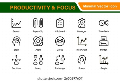 Coleção de ícones de produtividade. Definir ícones de linha com traçado editável. Planejamento de negócios, sucesso, meta atingida. Gráficos, comunicação, chat, velocímetro