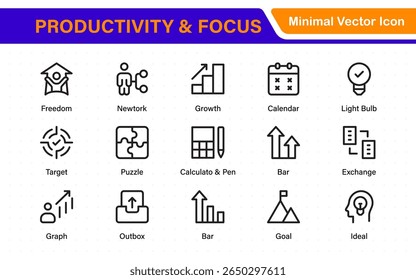 Coleção de ícones de produtividade. Definir ícones de linha com traçado editável. Planejamento de negócios, sucesso, meta atingida. Gráficos, comunicação, chat, velocímetro
