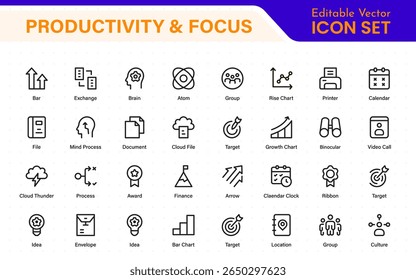 Productivity  icon collection. Set line icons with editable stroke. Business planning, success, goal achievement. Charts, communication, chat, speedometer