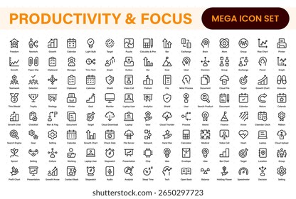 Productivity  icon collection. Set line icons with editable stroke. Business planning, success, goal achievement. Charts, communication, chat, speedometer