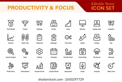 Coleção de ícones de produtividade. Definir ícones de linha com traçado editável. Planejamento de negócios, sucesso, meta atingida. Gráficos, comunicação, chat, velocímetro
