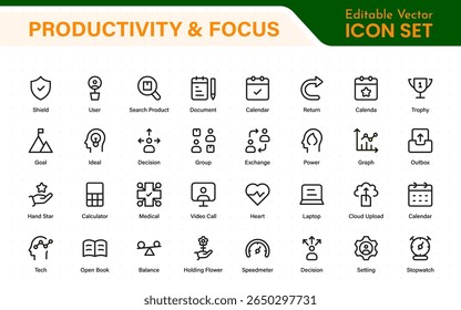 Productivity  icon collection. Set line icons with editable stroke. Business planning, success, goal achievement. Charts, communication, chat, speedometer