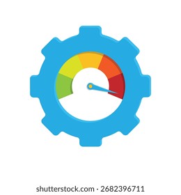 Productivity icon. Management. Gears with maximum speedometer. Office, team, analysis. Isometric design style.