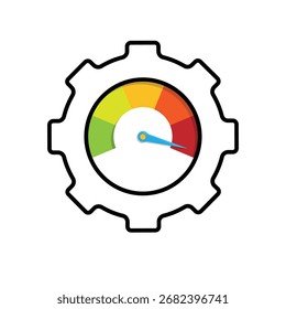Produktivitäts-Symbol. Management. Zahnräder mit maximalem Tacho. Büro, Team, Analyse. gemischter Design-Stil.