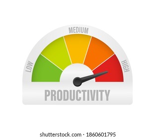 Productivity icon on speedometer. High Productivity meter. Vector stock illustration