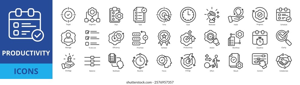 Productivity icon pack collection set with target, organize, plan, task, goal, time, motivate, habit, progress, schedule, manage, to-do list, efficiency, prioritize, achieve, productivity, action