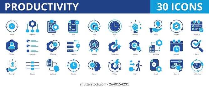 Productivity icon pack dual tone collection set with target, organize, plan, task, goal, time, motivate, habit, progress, schedule, manage, to-do list, efficiency, prioritize, productivity, action