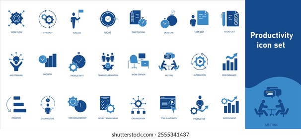 Productivity icon set, career, achievement, focus, project, office, tracking, automation, balance, optimize, results, mindset, development, skills, goals, workflow, clock, plan, system and more