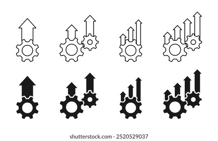 productivity icon set, cog wheel and increasing arrow up. vector illustration isolated on white background.
