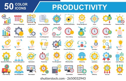 Productivity Icon Set Collection. Containing Productivity, Time Management, Automation, Focus, Performance, Team Management, Data Analysis, Efficiency, Motivation. Simple Flat Vector Illustration.