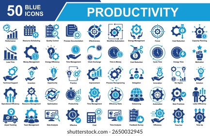 Coleção de Conjuntos de Ícones de Produtividade. Contendo Produtividade, Gerenciamento De Tempo, Automação, Foco, Desempenho, Gerenciamento De Equipe, Análise De Dados, Eficiência, Motivação. Ilustração simples de vetor azul.