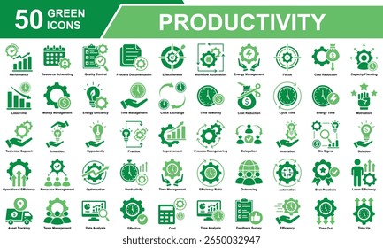 Coleção de Conjuntos de Ícones de Produtividade. Contendo Produtividade, Gerenciamento De Tempo, Automação, Foco, Desempenho, Gerenciamento De Equipe, Análise De Dados, Eficiência, Motivação. Ilustração simples de vetor verde.
