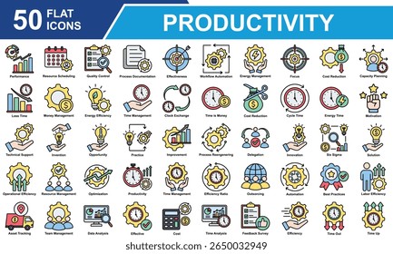 Kollektion von Produktivitätssymbolen. Mit Produktivität, Zeitmanagement, Automatisierung, Fokus, Performance, Teammanagement, Datenanalyse, Effizienz, Motivation. Einfache Farbvektorgrafik.