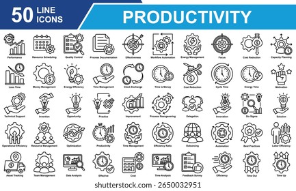 Coleção de Conjuntos de Ícones de Produtividade. Contendo Produtividade, Gerenciamento De Tempo, Automação, Foco, Desempenho, Gerenciamento De Equipe, Análise De Dados, Eficiência, Motivação. Ilustração de vetor de linha simples.