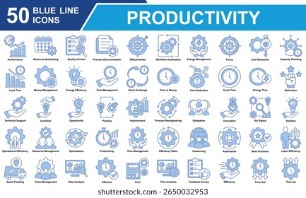 Coleção de Conjuntos de Ícones de Produtividade. Contendo Produtividade, Gerenciamento De Tempo, Automação, Foco, Desempenho, Gerenciamento De Equipe, Análise De Dados, Eficiência, Motivação. Ilustração de vetor de linha azul simples